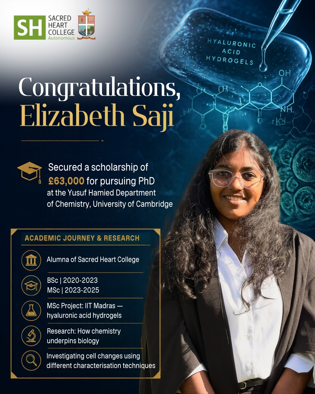 Sacred Heart College Alumna Elizabeth Saji Secures Prestigious Cambridge University Scholarship for PhD Research in Chemistry