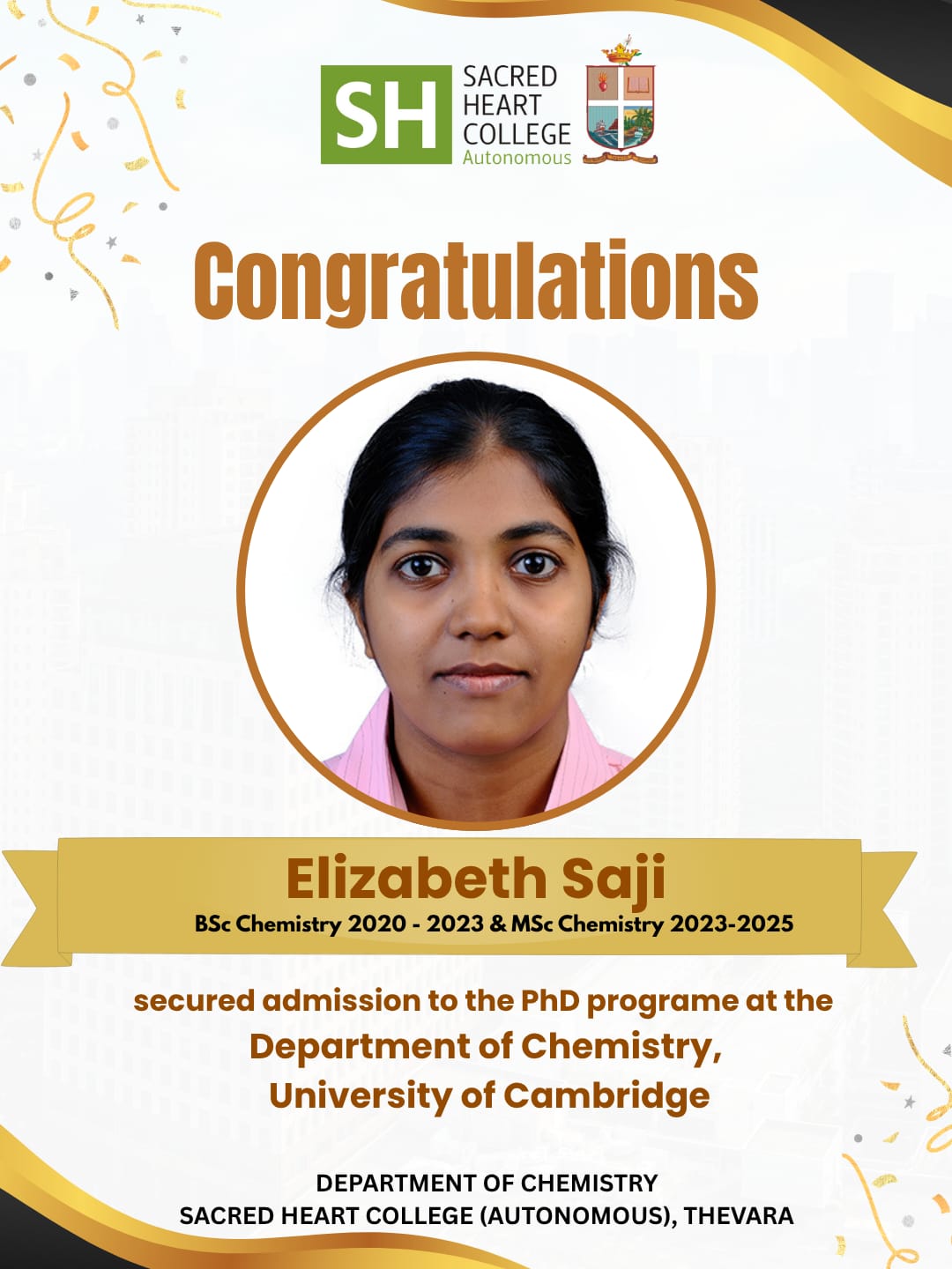 Congratulations, Elizabeth Saji – Secures PhD Admission to the Department of Chemistry, University of Cambridge