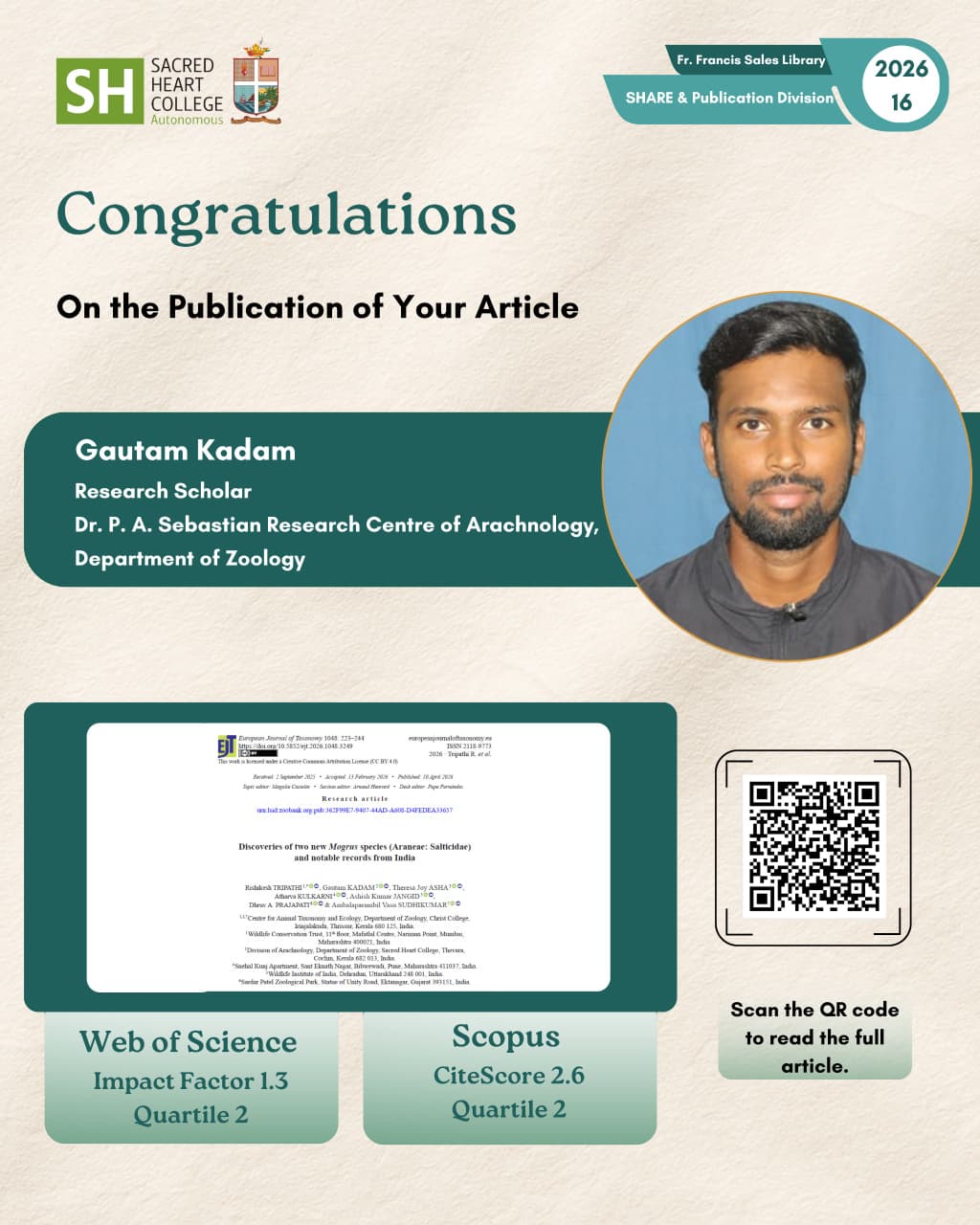 Congratulations, Gautam Kadam – Department of Zoology – on Your Research Publication