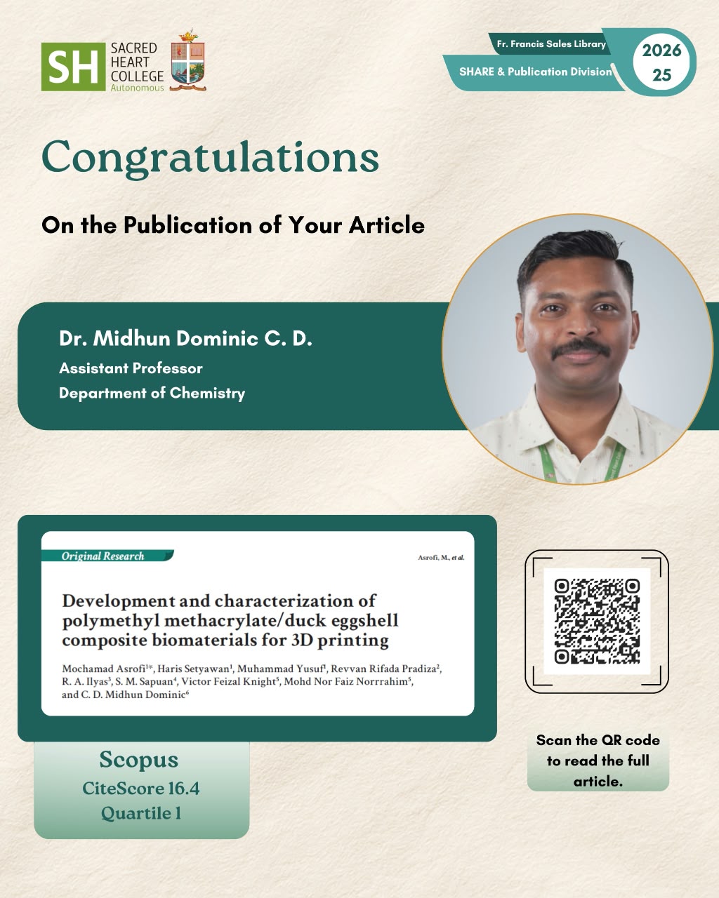 Congratulations to Dr. Midhun Dominic C. D. on His Research Publication