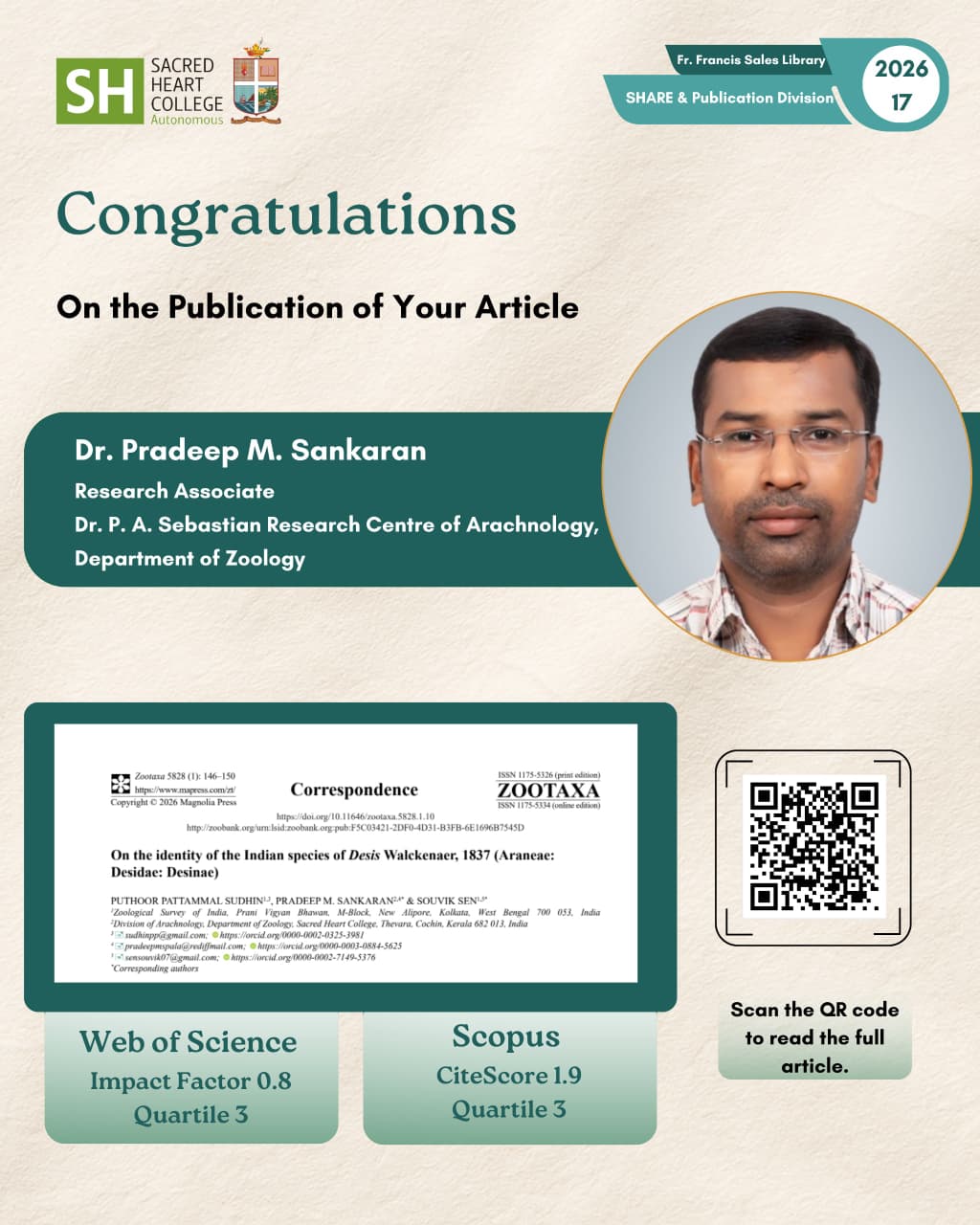Congratulations to Dr. Pradeep M. Sankaran on His Research Publication