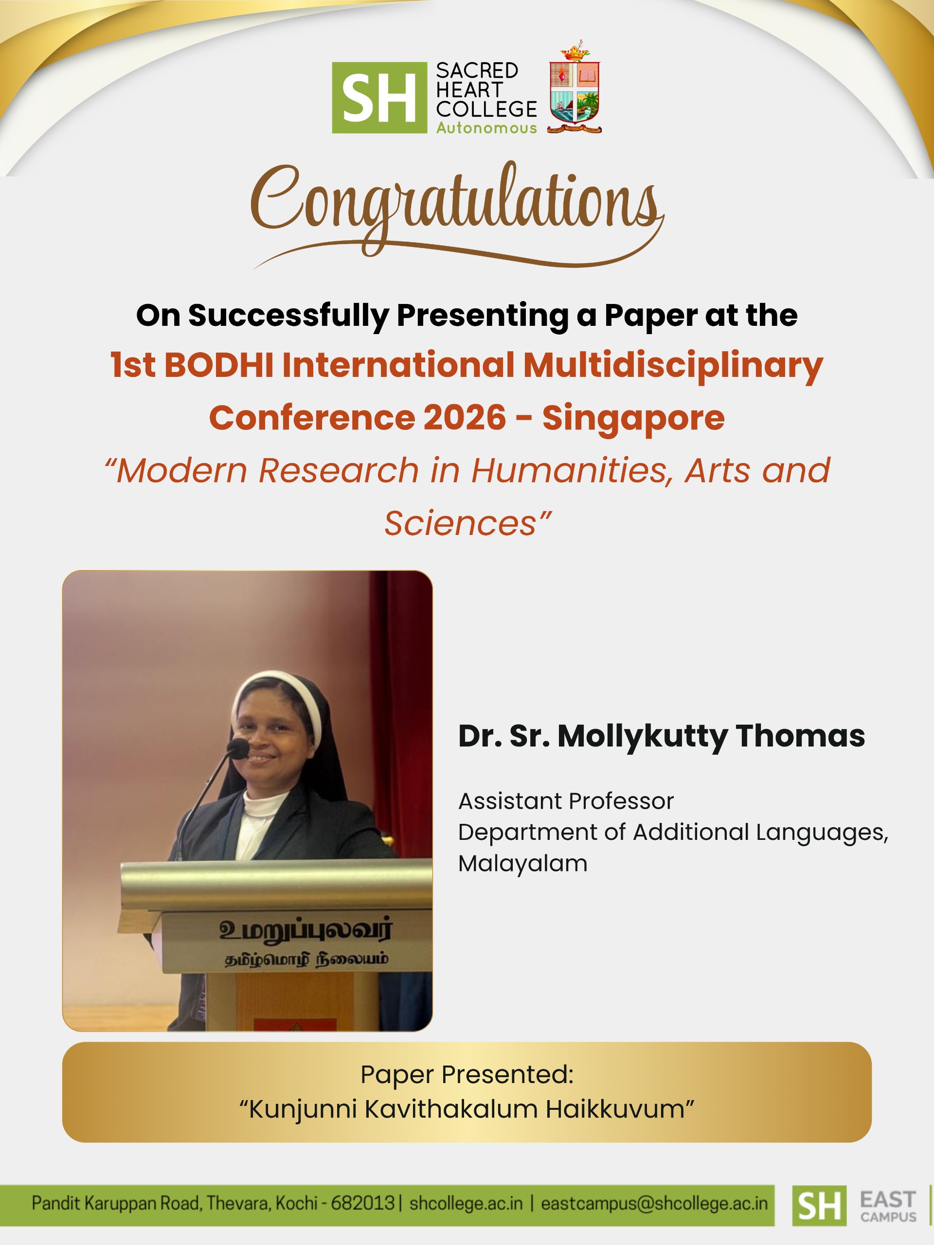 Congratulations to Dr. Sr. Mollykutty Thomas