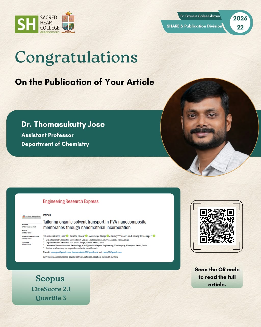 Congratulations to Dr. Thomasukutty Jose