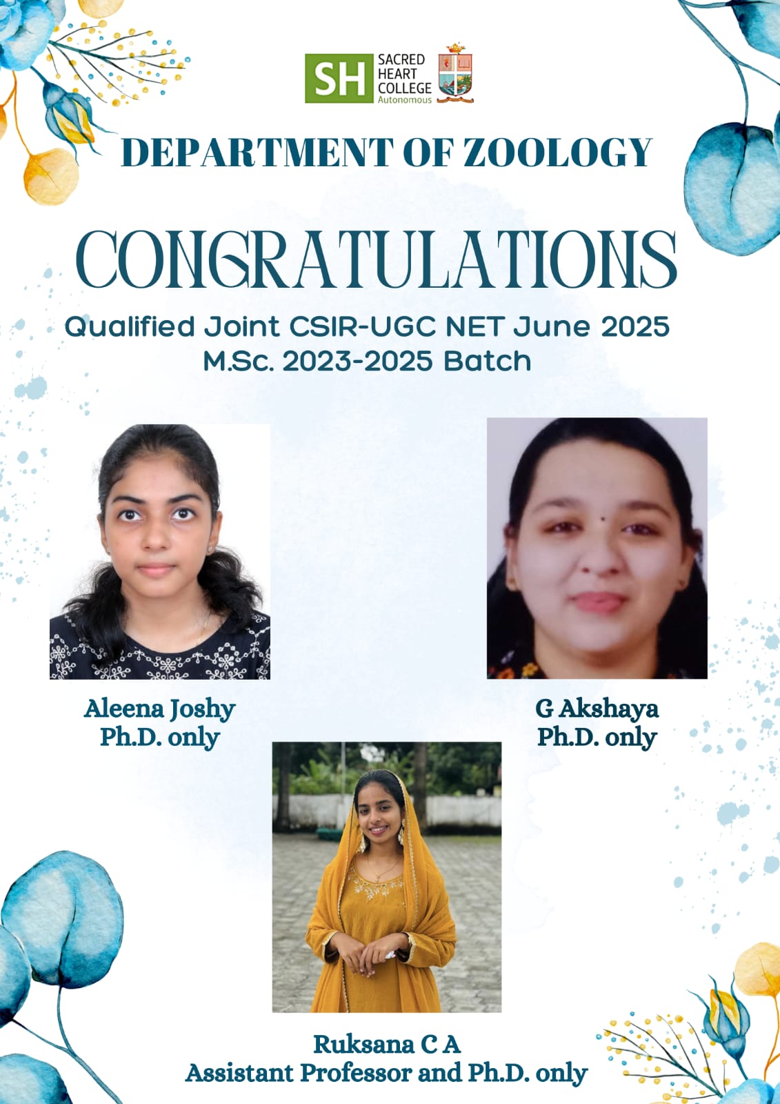 Congratulations to M.Sc. 2023-2025 Batch CSIR-UGC NET Qualifiers