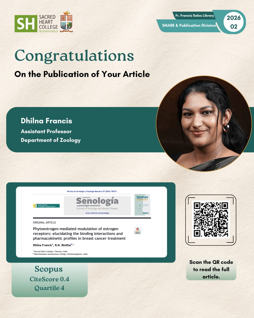 Congratulations to Ms. Dhilna Francis on Her Research Publication in a Scopus-Indexed Journal