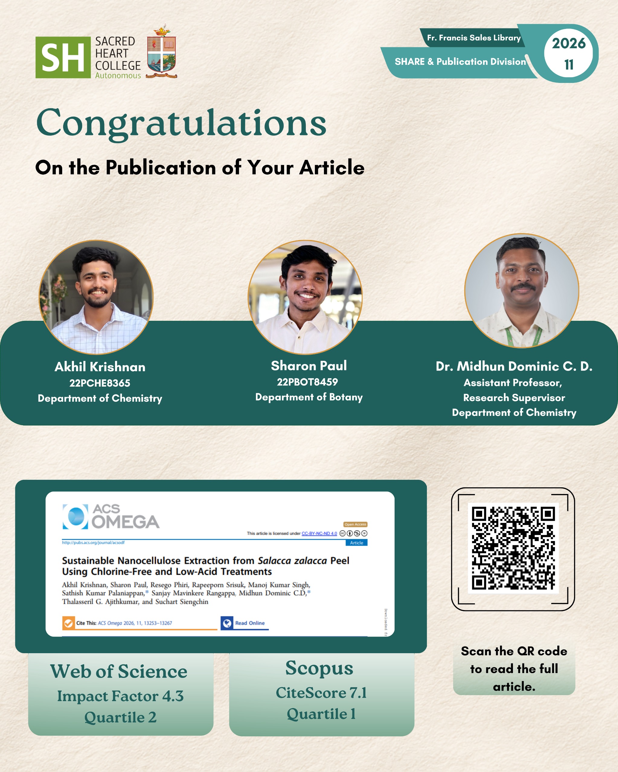 Congratulations to Our Student Researchers and Faculty on Their ACS Omega Publication