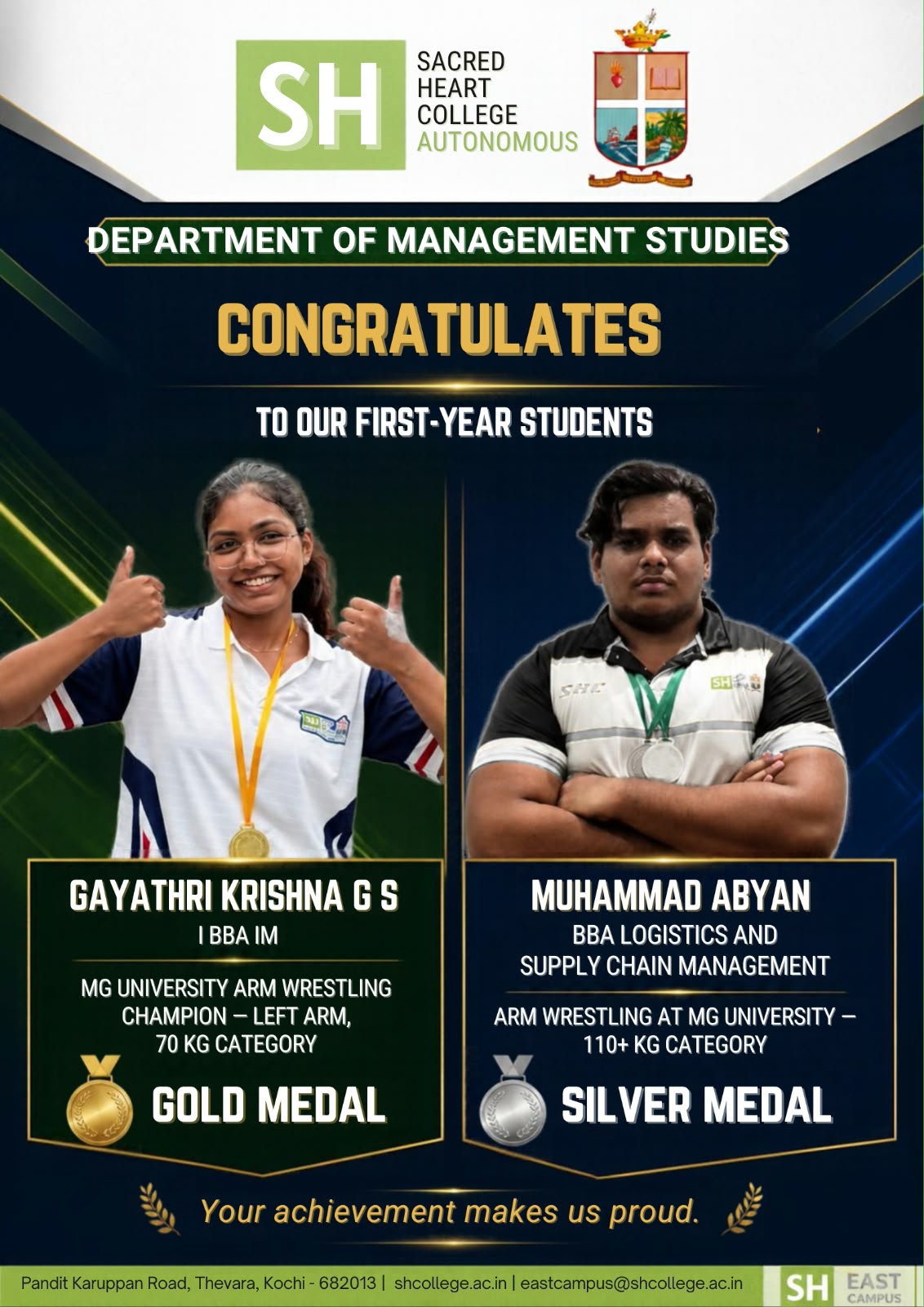 Department of Management Studies Celebrates Students’ Success at MG University Arm Wrestling Championship