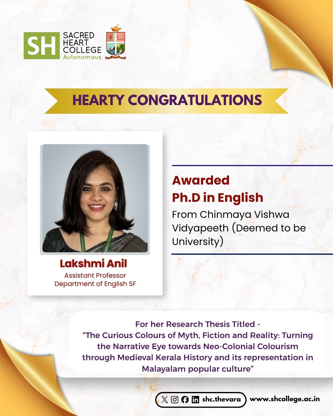 Dr. Lakshmi Anil Awarded Ph.D. in English