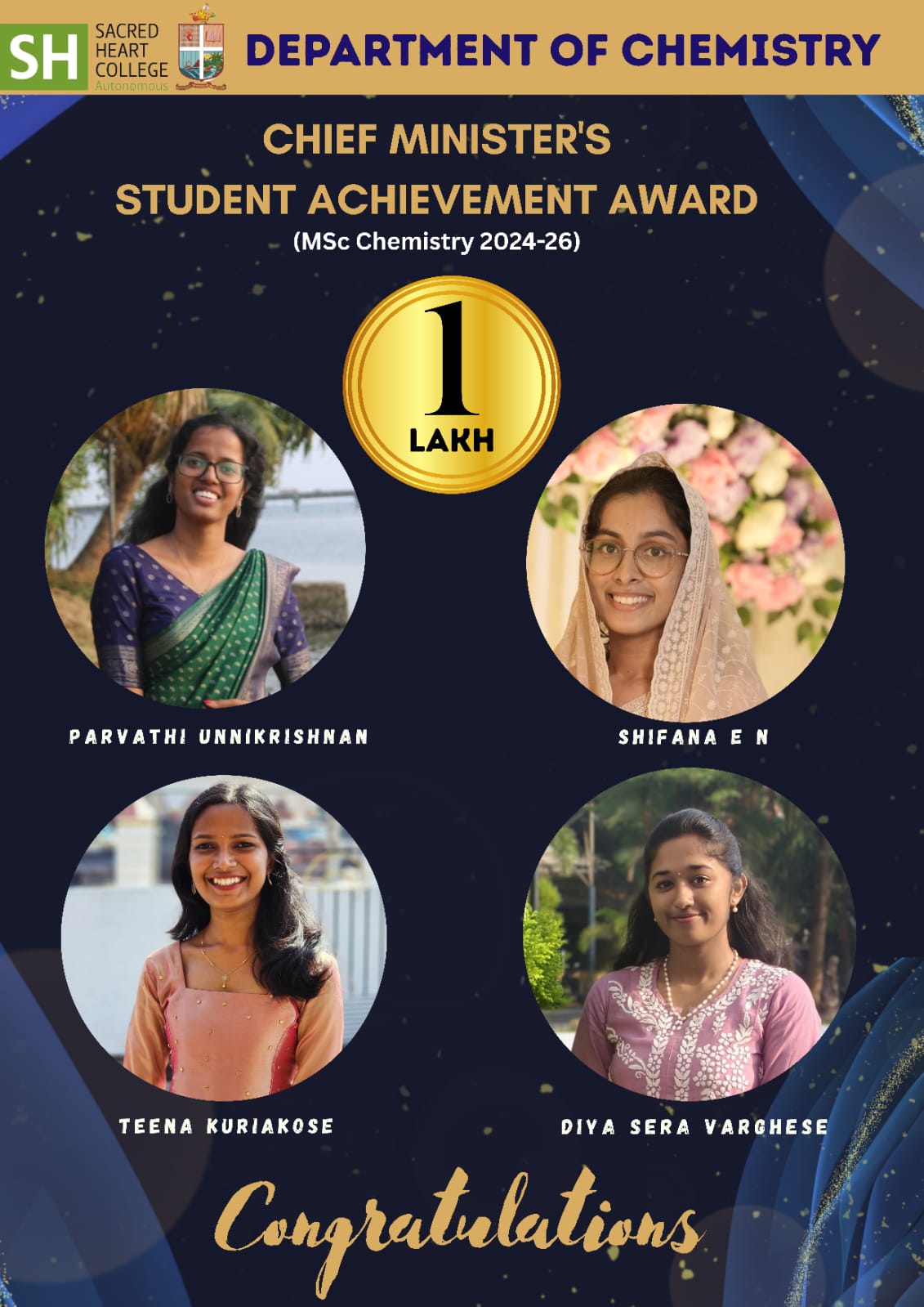 Four M.Sc. Chemistry Students Receive Chief Minister’s Vidhyarthi Prathibha Puraskaram