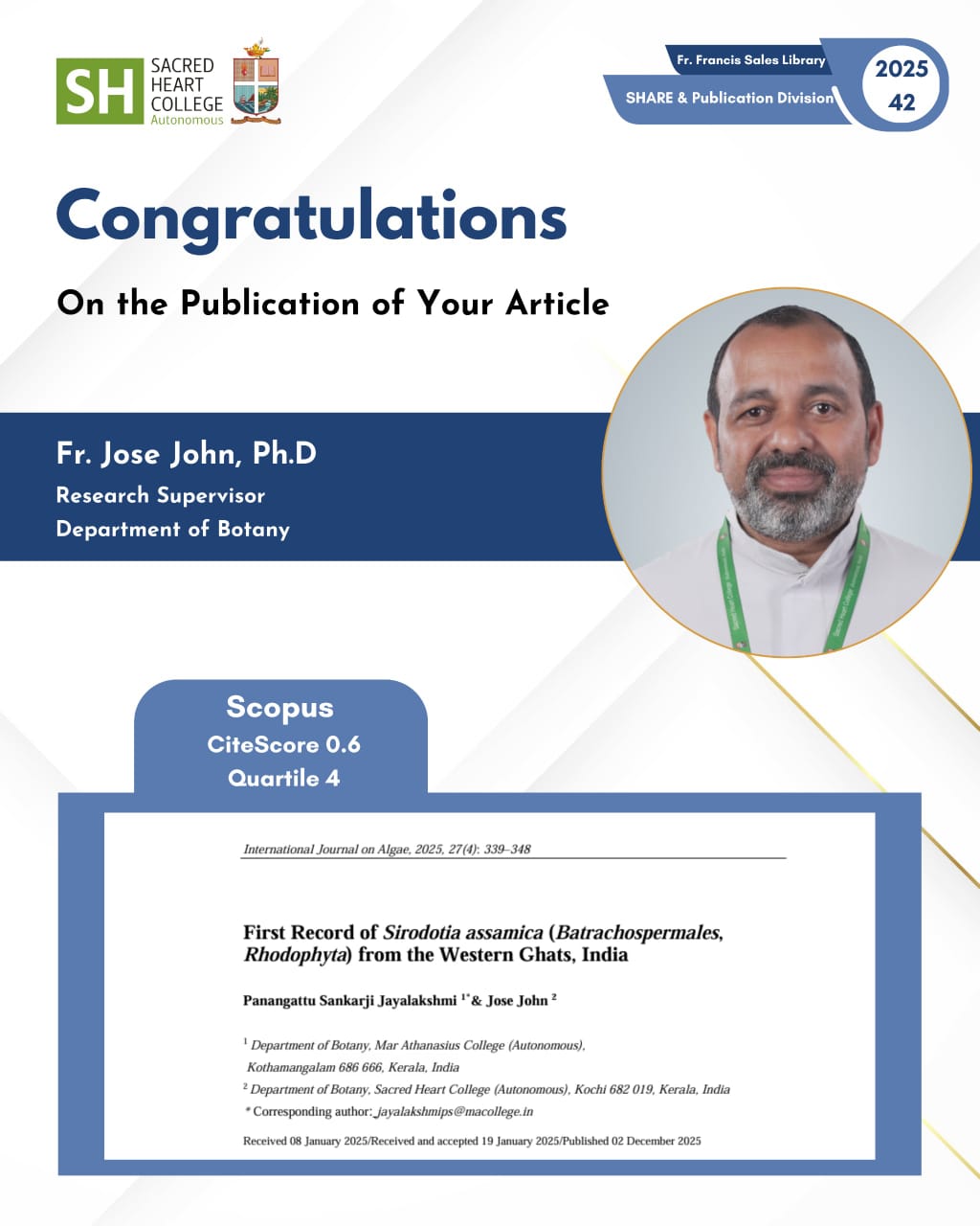 Hearty Congratulations to Fr. Jose John, Ph.D., on the Publication of His Research Article