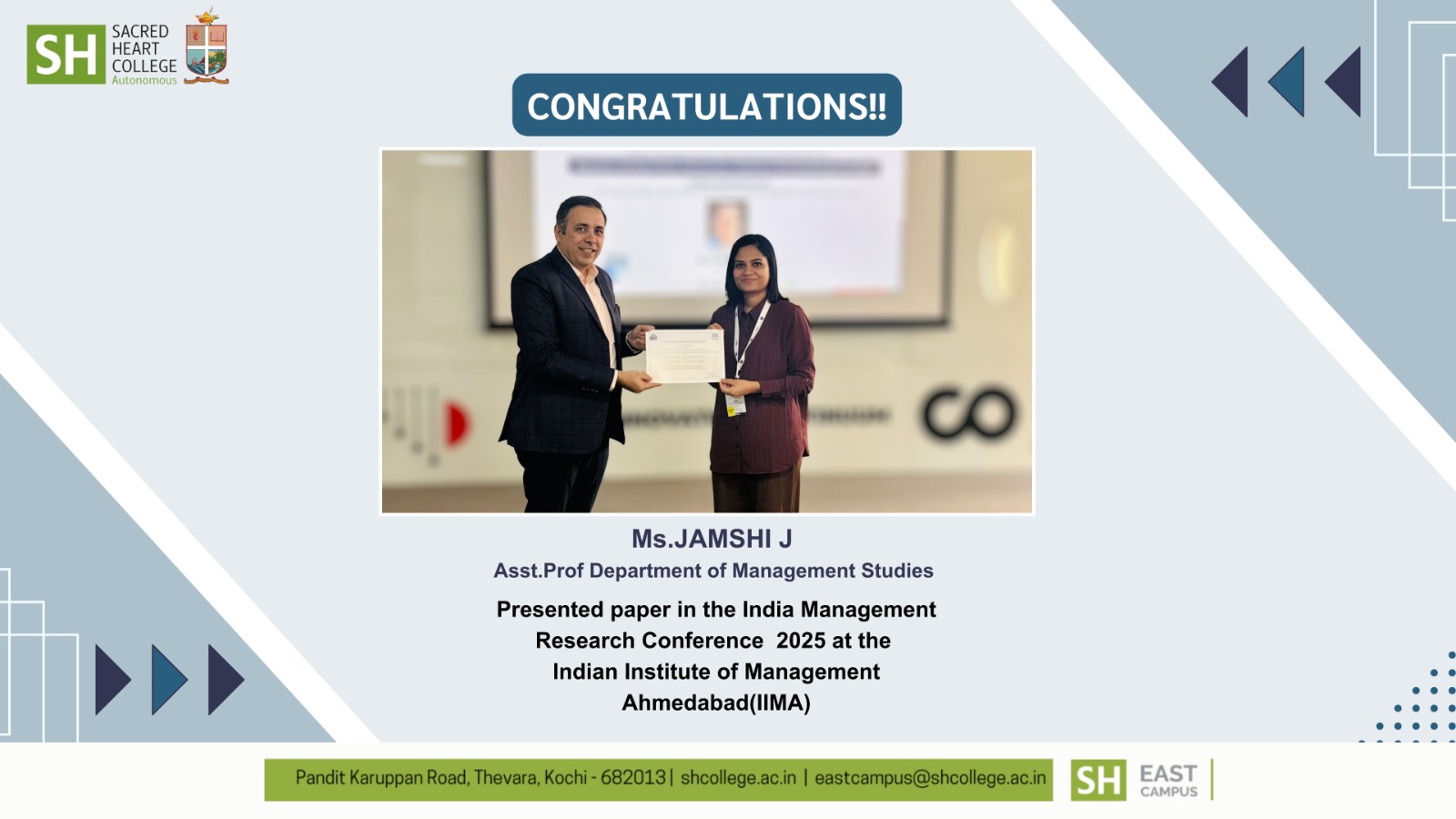 Hearty Congratulations to Ms. Jamshi J for Presenting Her Research Paper at IIM Ahmedabad