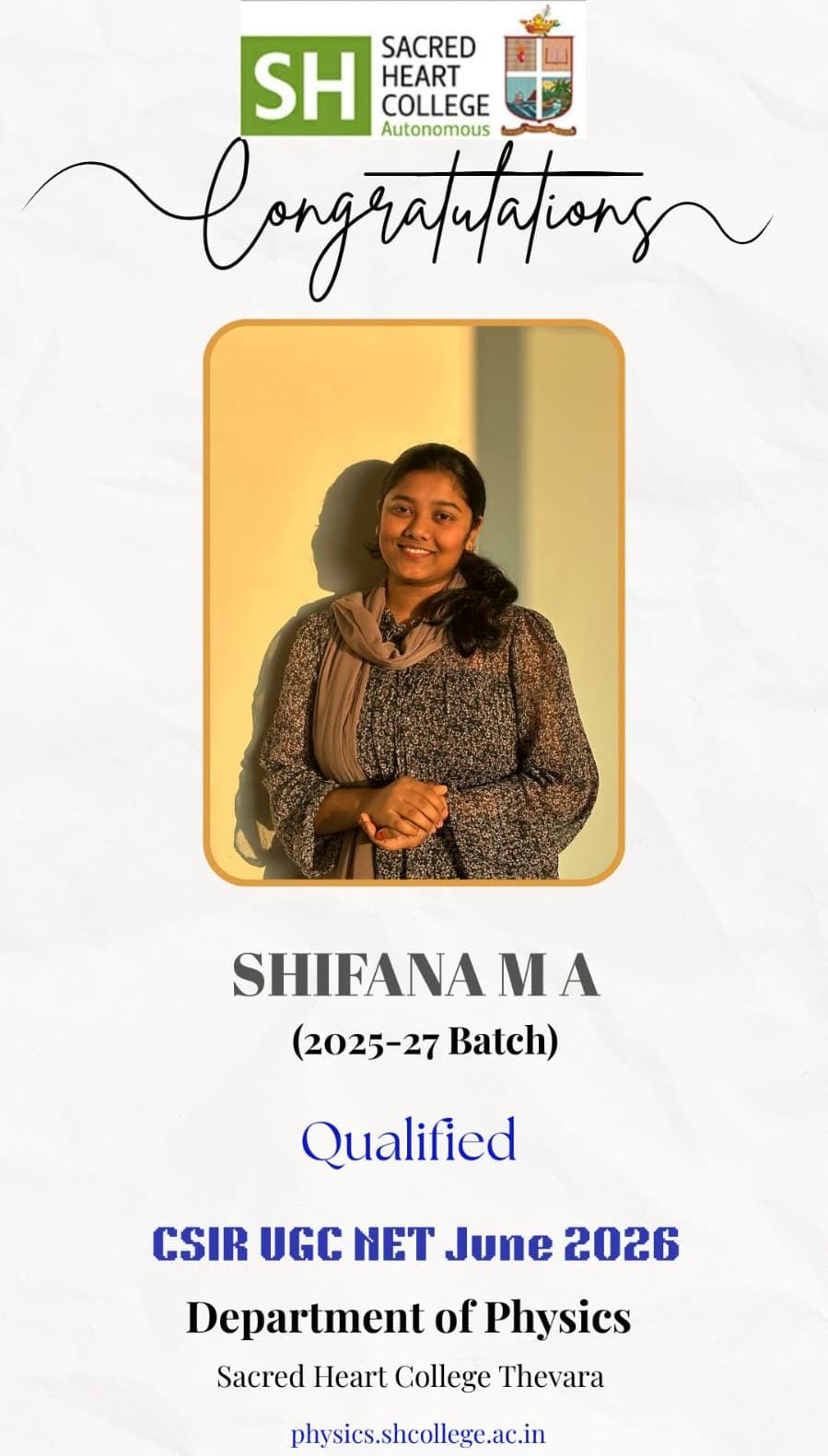 SHIFANA MA QUALIFIES CSIR-UGC NET JUNE 2026
