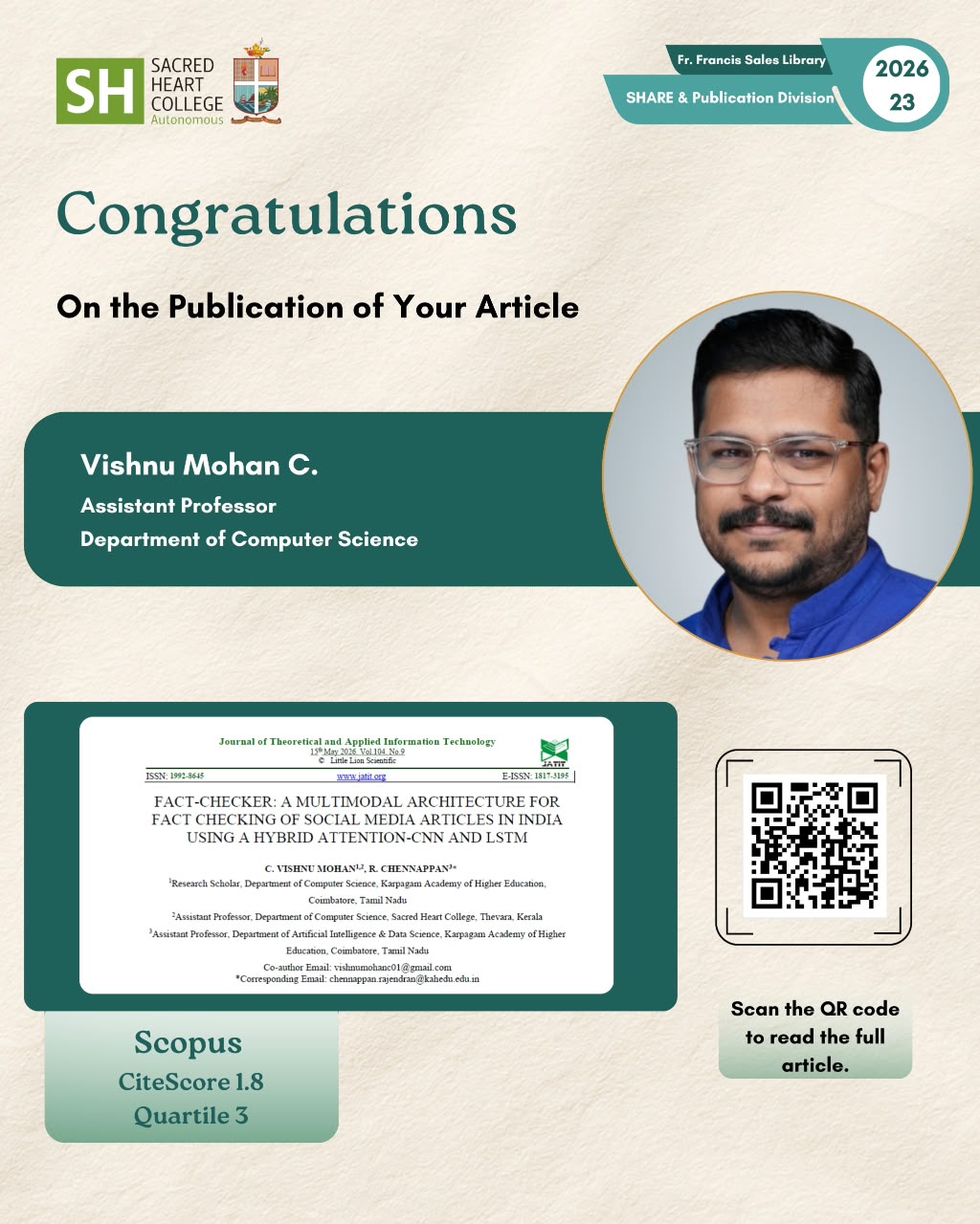 Vishnu Mohan C. Publishes Research Article in an International Journal